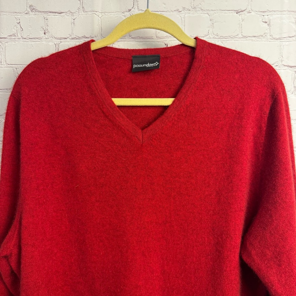 Possum down Uniquely NZ v neck red grandpa retro sweater size Large Merino wool - Picture 6 of 6